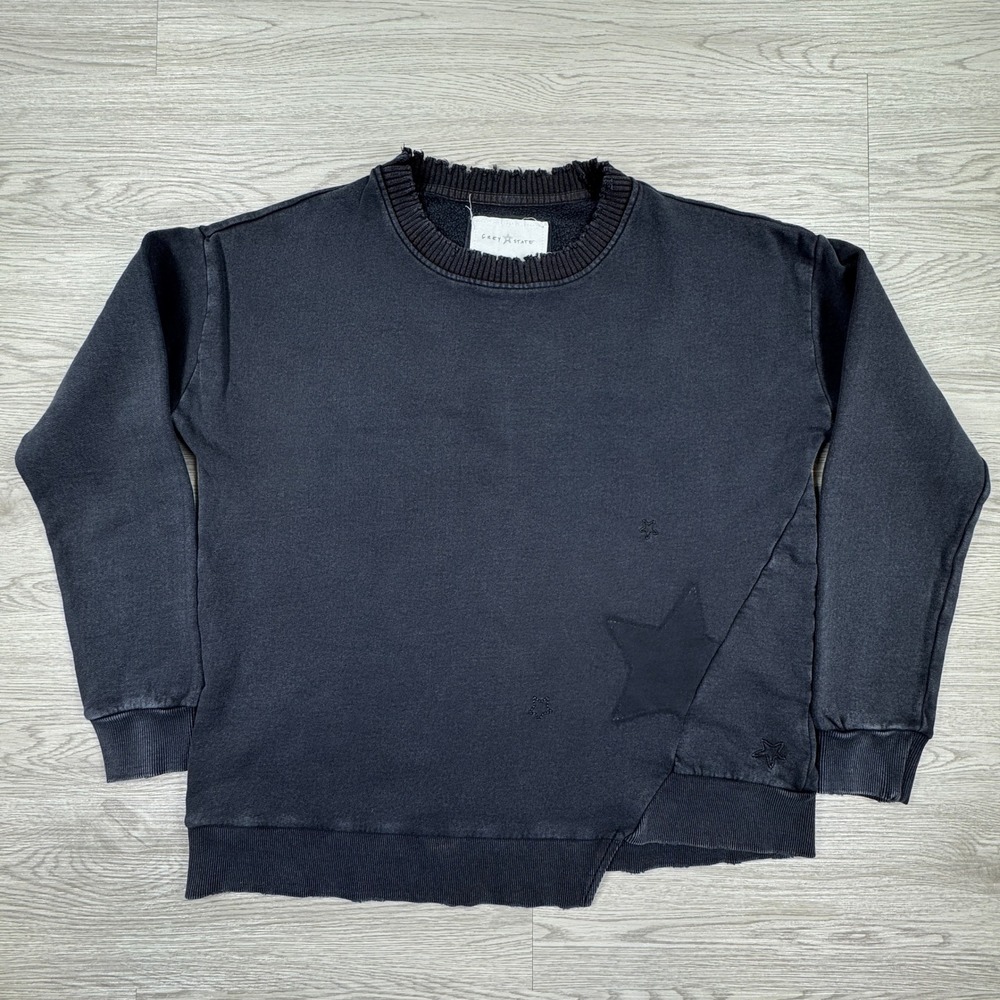 Grey State Women's Sweatshirt Star Embroidered Distressed Black Size 0 Crewneck‎